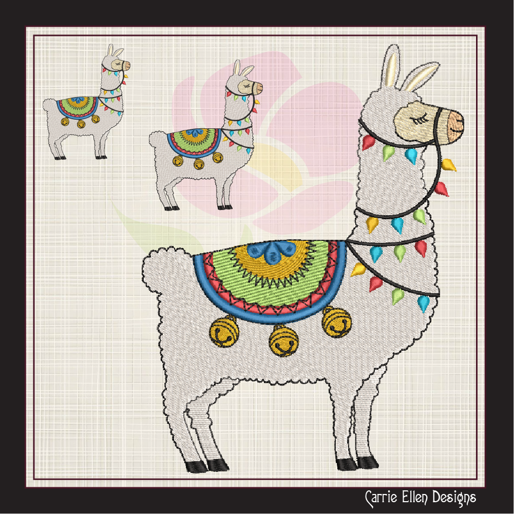 Christmas Llama with Lights and Bells Machine Embroidery Design – Festive Alpaca Holiday Pattern – 8 Sizes (1004)