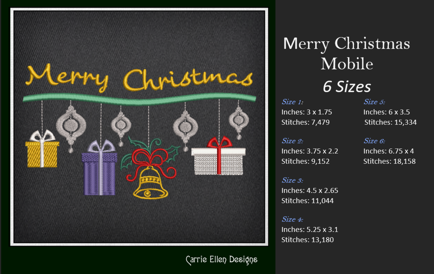 Christmas Machine Embroidery Design – Merry Christmas Mobile Holiday Pattern – 6 Sizes (1189)