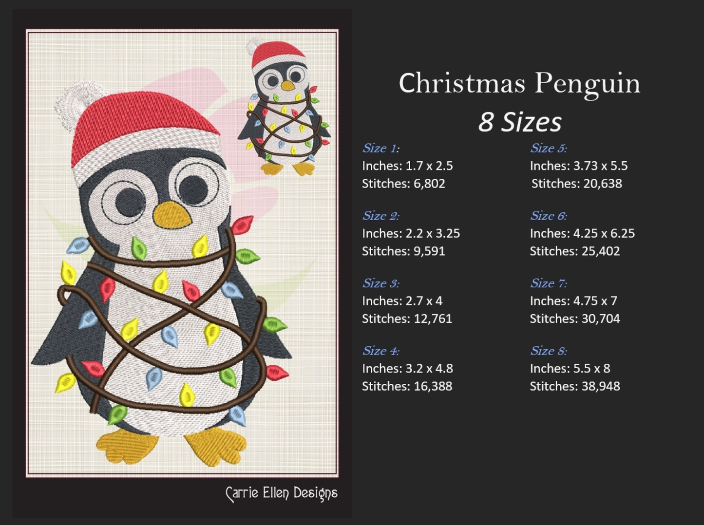 Christmas Penguin Machine Embroidery Design – Penguin Tangled in Christmas Lights, Holiday Embroidery Pattern (1007)