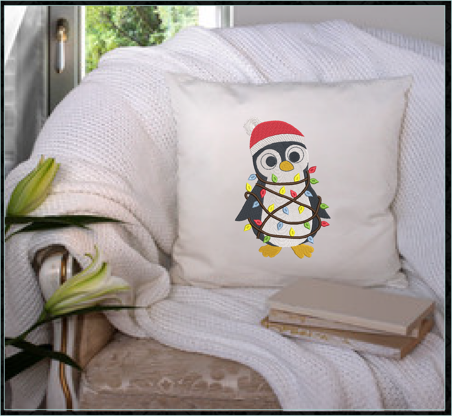 Christmas Penguin Machine Embroidery Design – Penguin Tangled in Christmas Lights, Holiday Embroidery Pattern (1007)