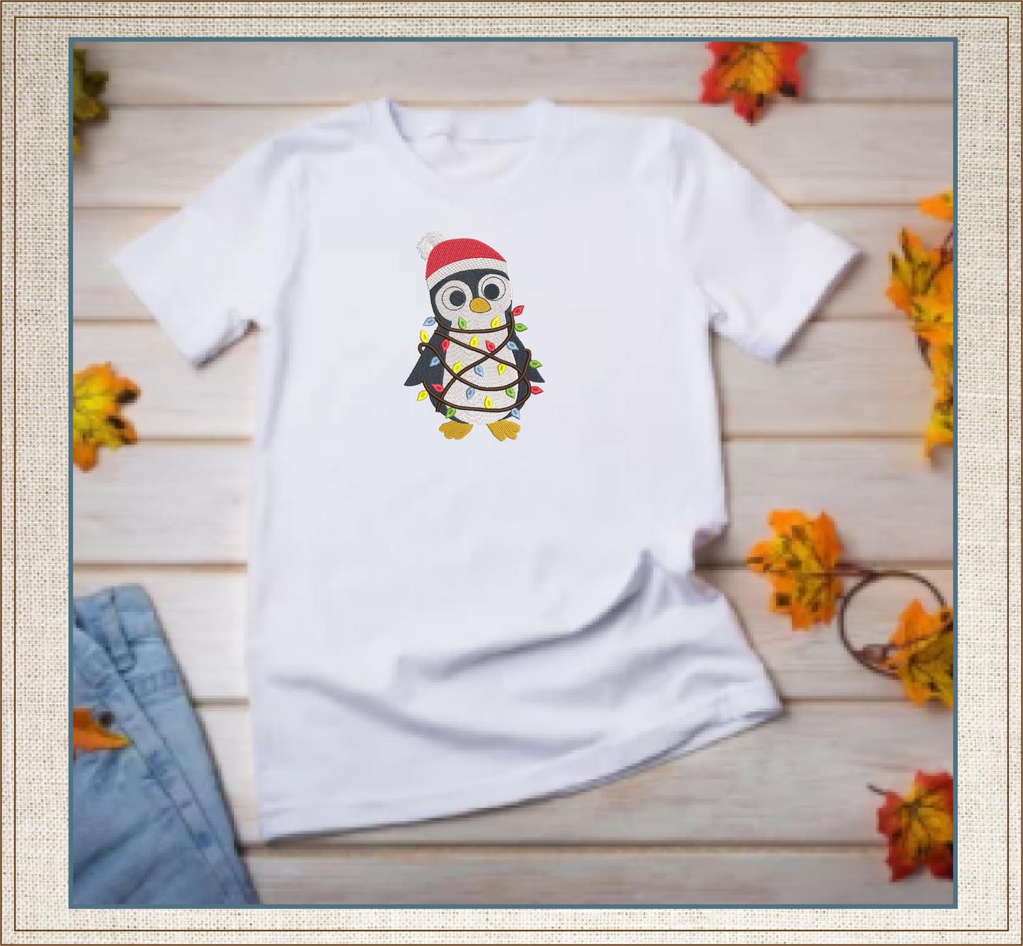Christmas Penguin Machine Embroidery Design – Penguin Tangled in Christmas Lights, Holiday Embroidery Pattern (1007)