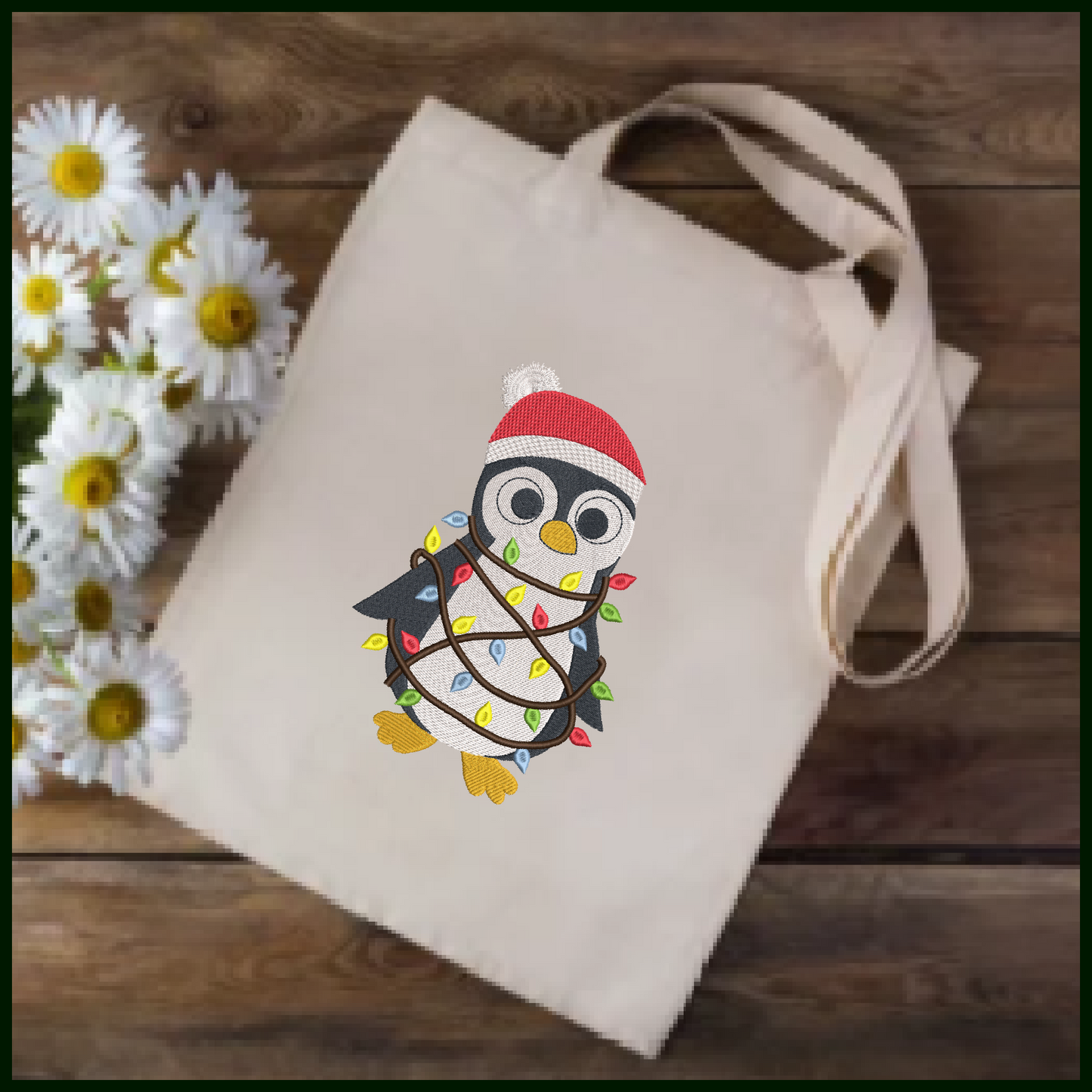 Christmas Penguin Machine Embroidery Design – Penguin Tangled in Christmas Lights, Holiday Embroidery Pattern (1007)