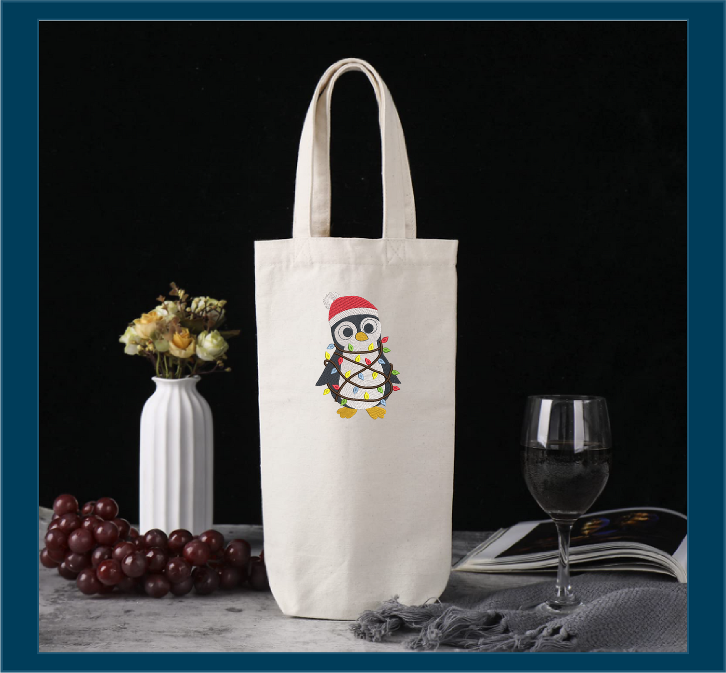 Christmas Penguin Machine Embroidery Design – Penguin Tangled in Christmas Lights, Holiday Embroidery Pattern (1007)