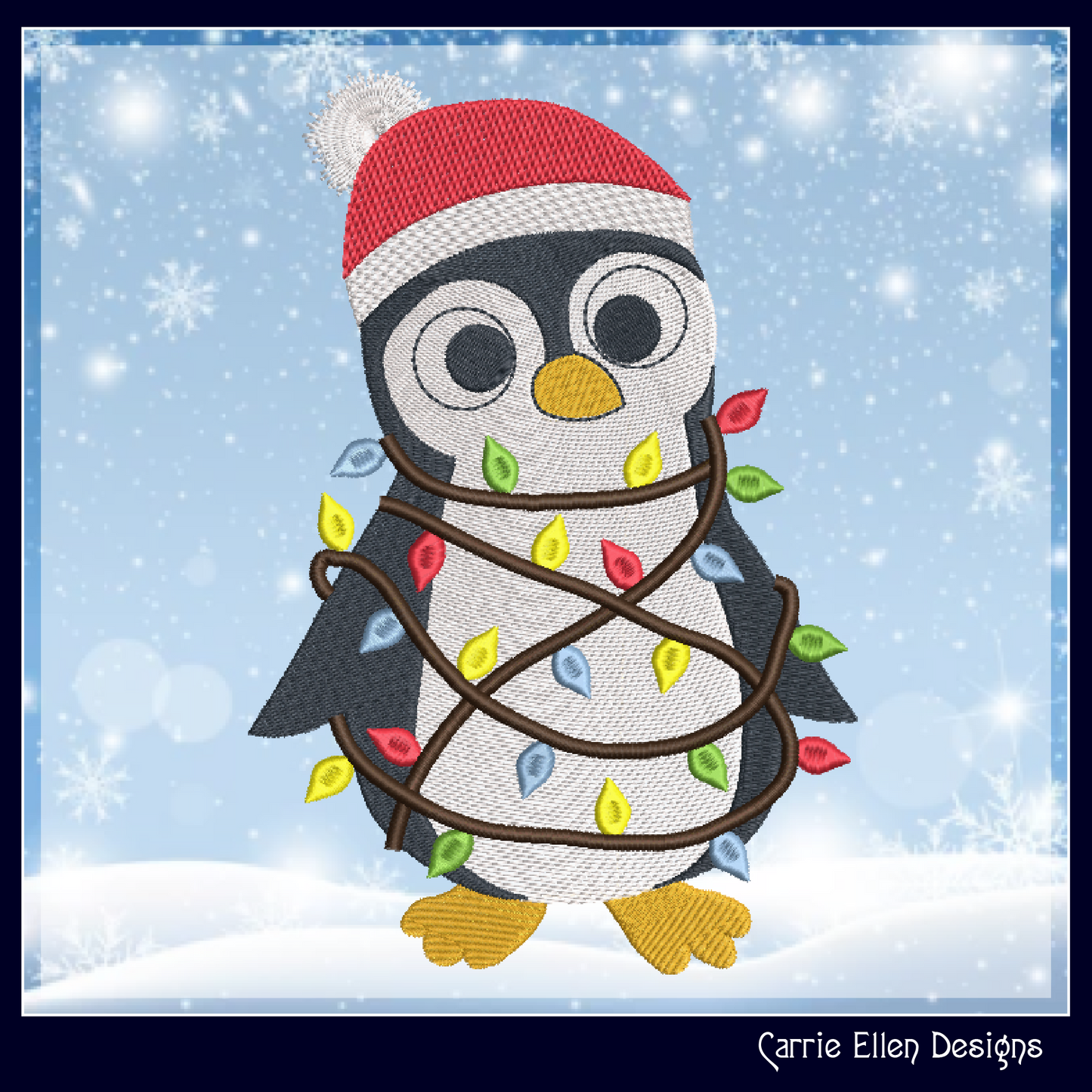 Christmas Penguin Machine Embroidery Design – Penguin Tangled in Christmas Lights, Holiday Embroidery Pattern (1007)