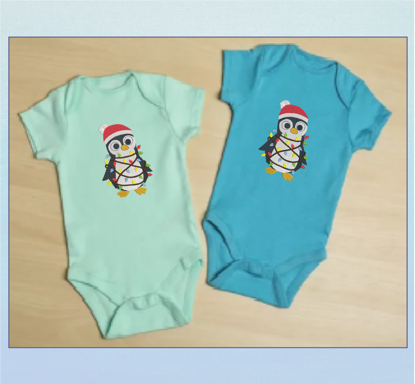 Christmas Penguin Machine Embroidery Design – Penguin Tangled in Christmas Lights, Holiday Embroidery Pattern (1007)