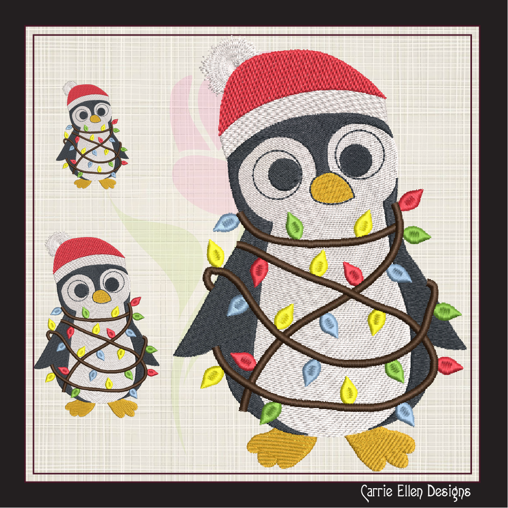 Christmas Penguin Machine Embroidery Design – Penguin Tangled in Christmas Lights, Holiday Embroidery Pattern (1007)