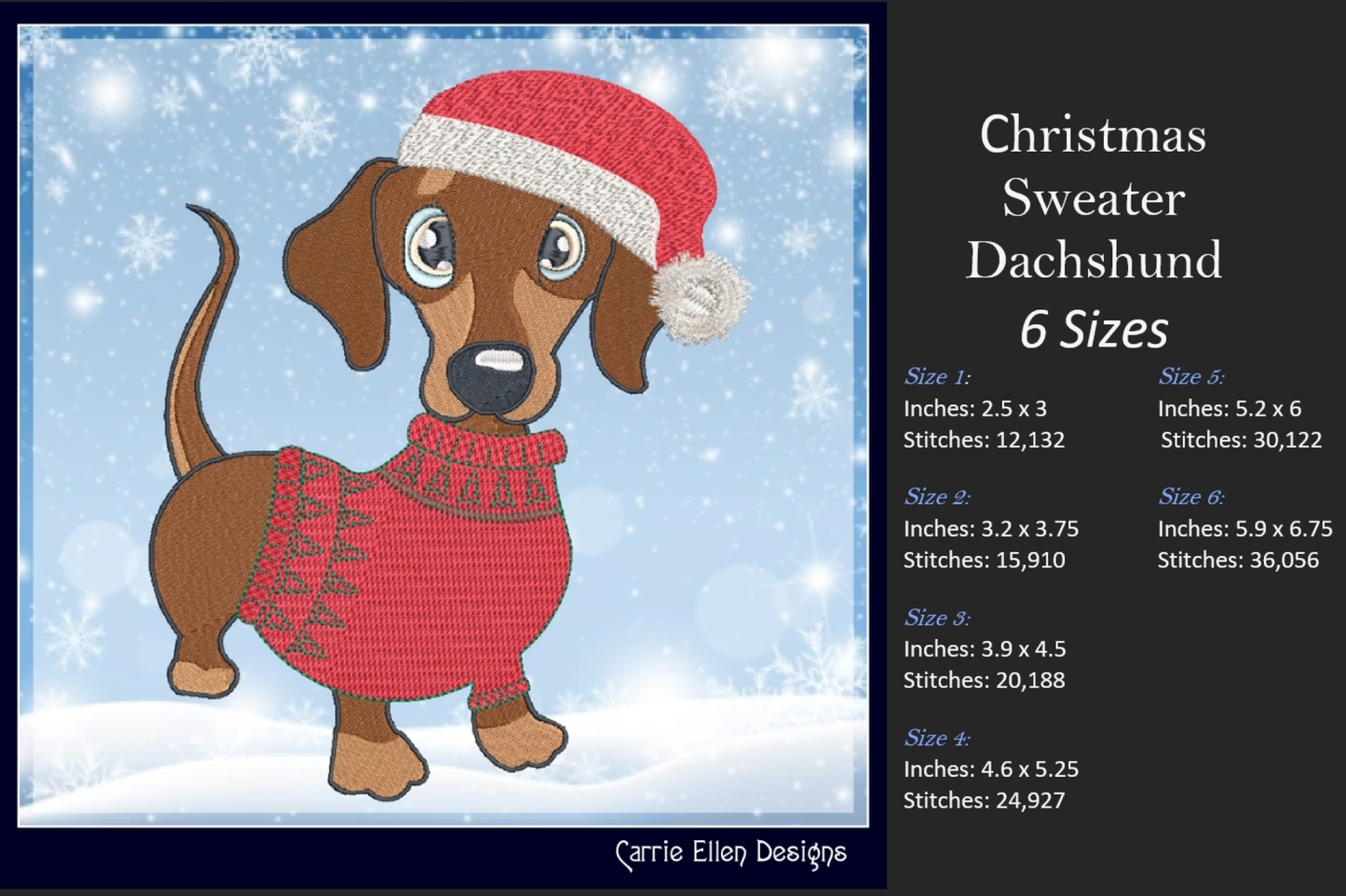 Christmas Dachshund Dog Embroidery Design – Dachshund in Sweater and Santa Hat, 6 Sizes (1090)