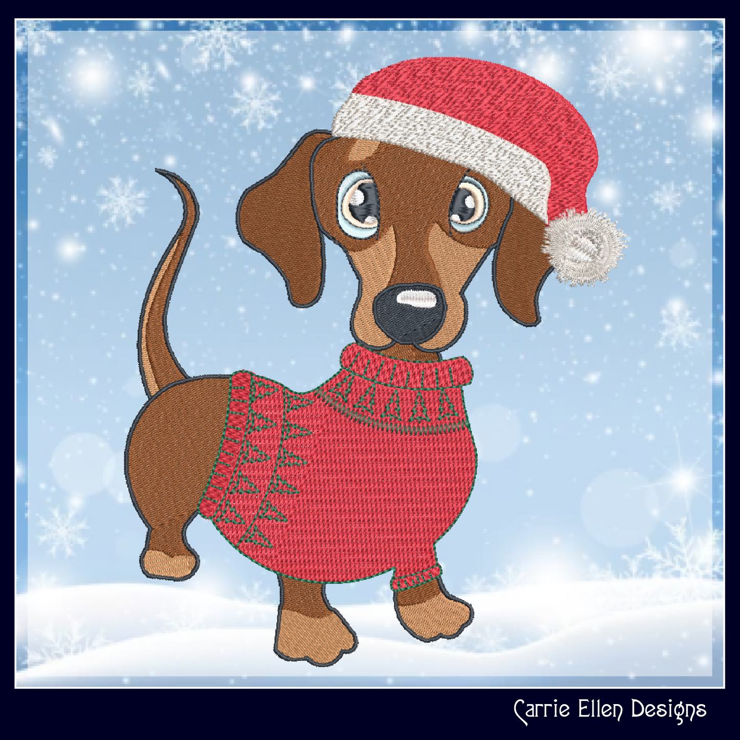 Christmas Dachshund Dog Embroidery Design – Dachshund in Sweater and Santa Hat, 6 Sizes (1090)