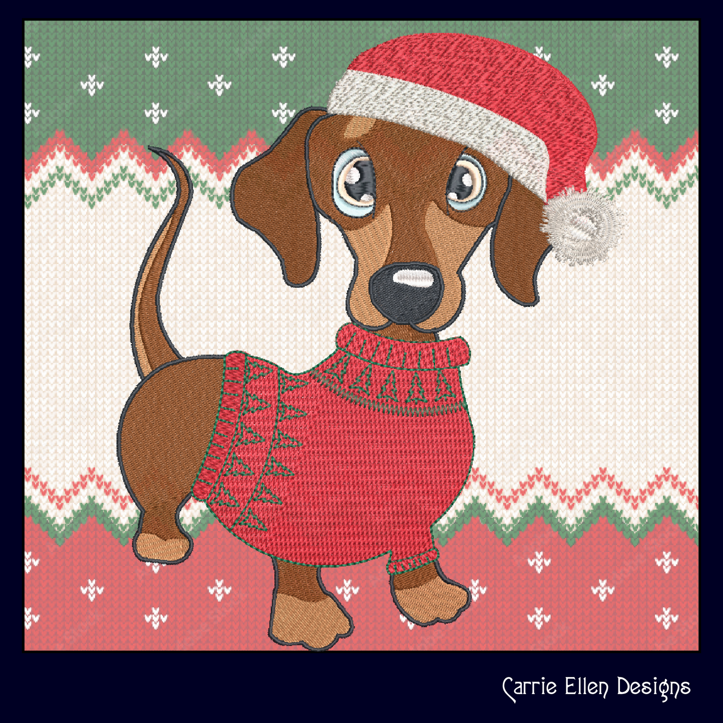 Christmas Dachshund Dog Embroidery Design – Dachshund in Sweater and Santa Hat, 6 Sizes (1090)