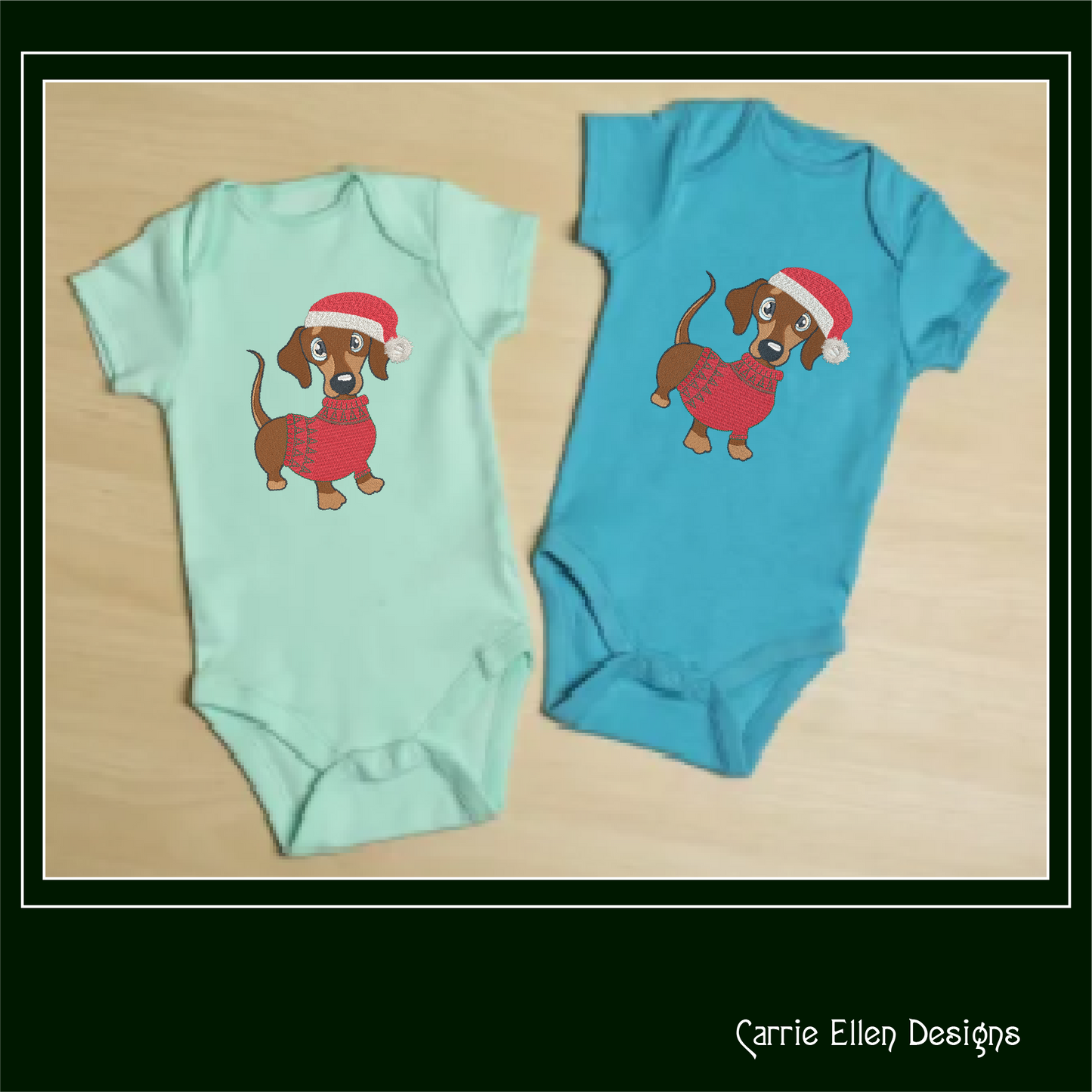 Christmas Dachshund Dog Embroidery Design – Dachshund in Sweater and Santa Hat, 6 Sizes (1090)