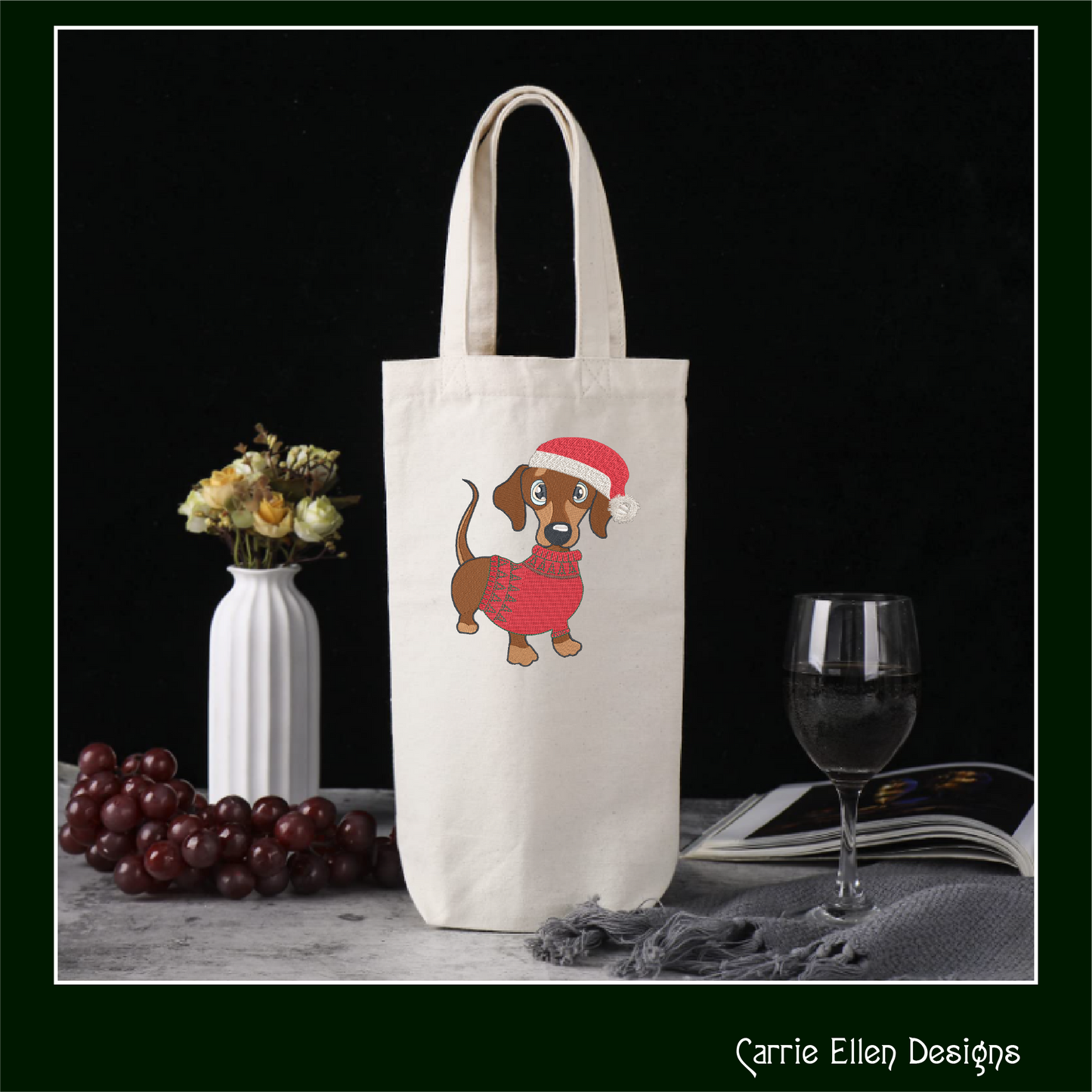 Christmas Dachshund Dog Embroidery Design – Dachshund in Sweater and Santa Hat, 6 Sizes (1090)