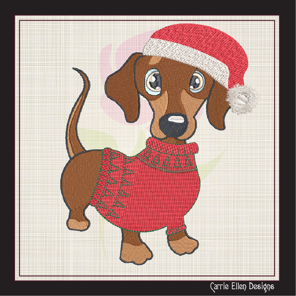 Christmas Dachshund Dog Embroidery Design – Dachshund in Sweater and Santa Hat, 6 Sizes (1090)