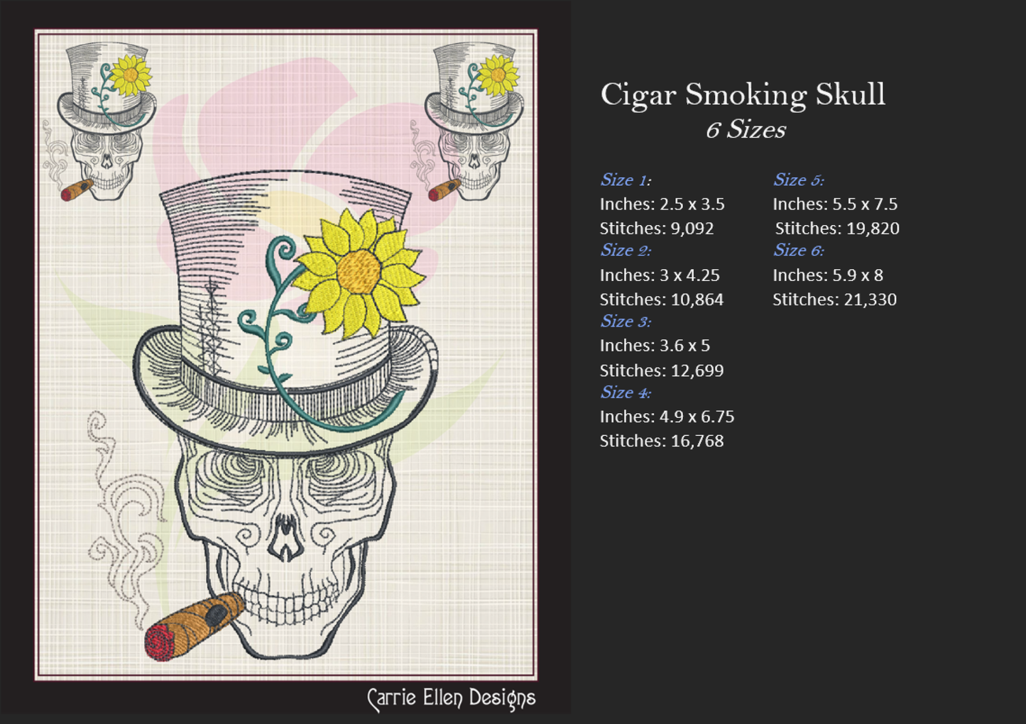 Skeleton Machine Embroidery Design | Cigar Smoking Skull | Dia De Los Muertos Mexican Holiday | 6 Sizes (0962)