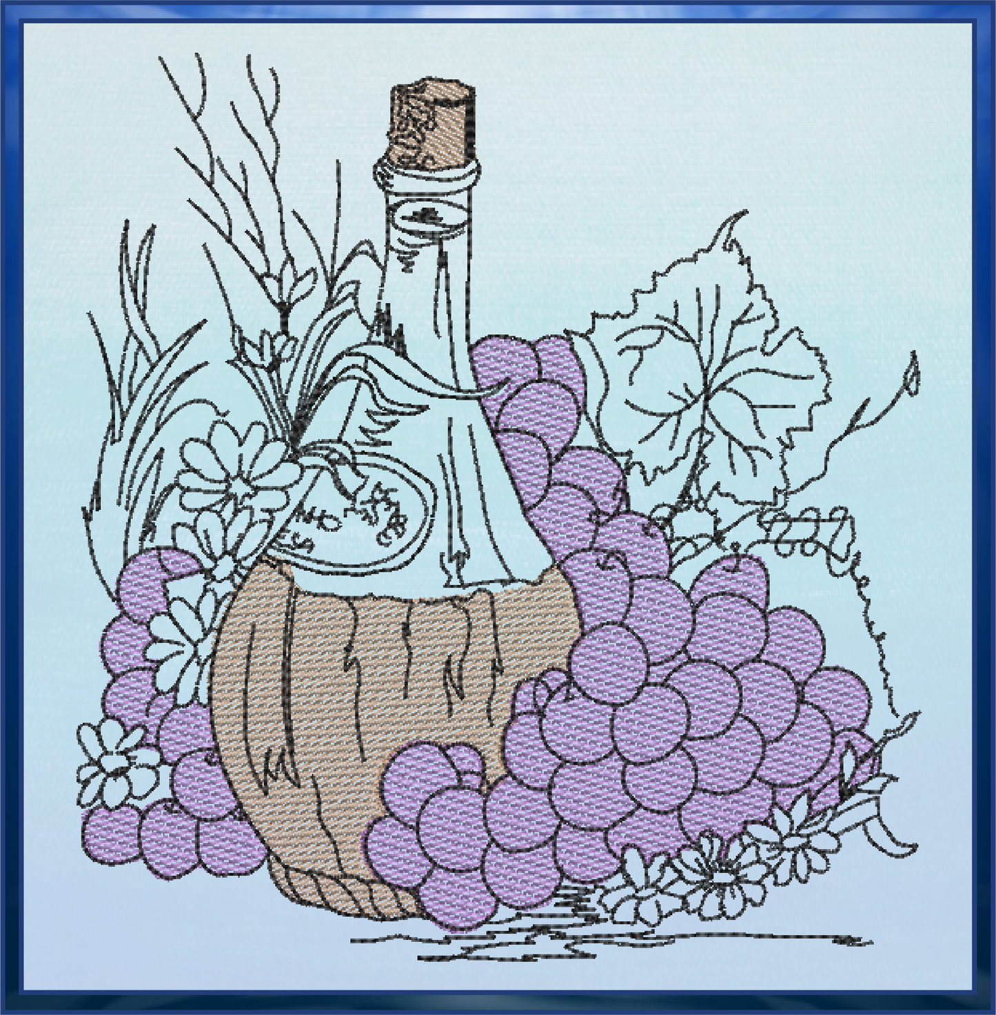Classic Wine Bottle Machine Embroidery Design – Vineyard Grapes & Bottle Embroidery Pattern, 6 Sizes (0571)