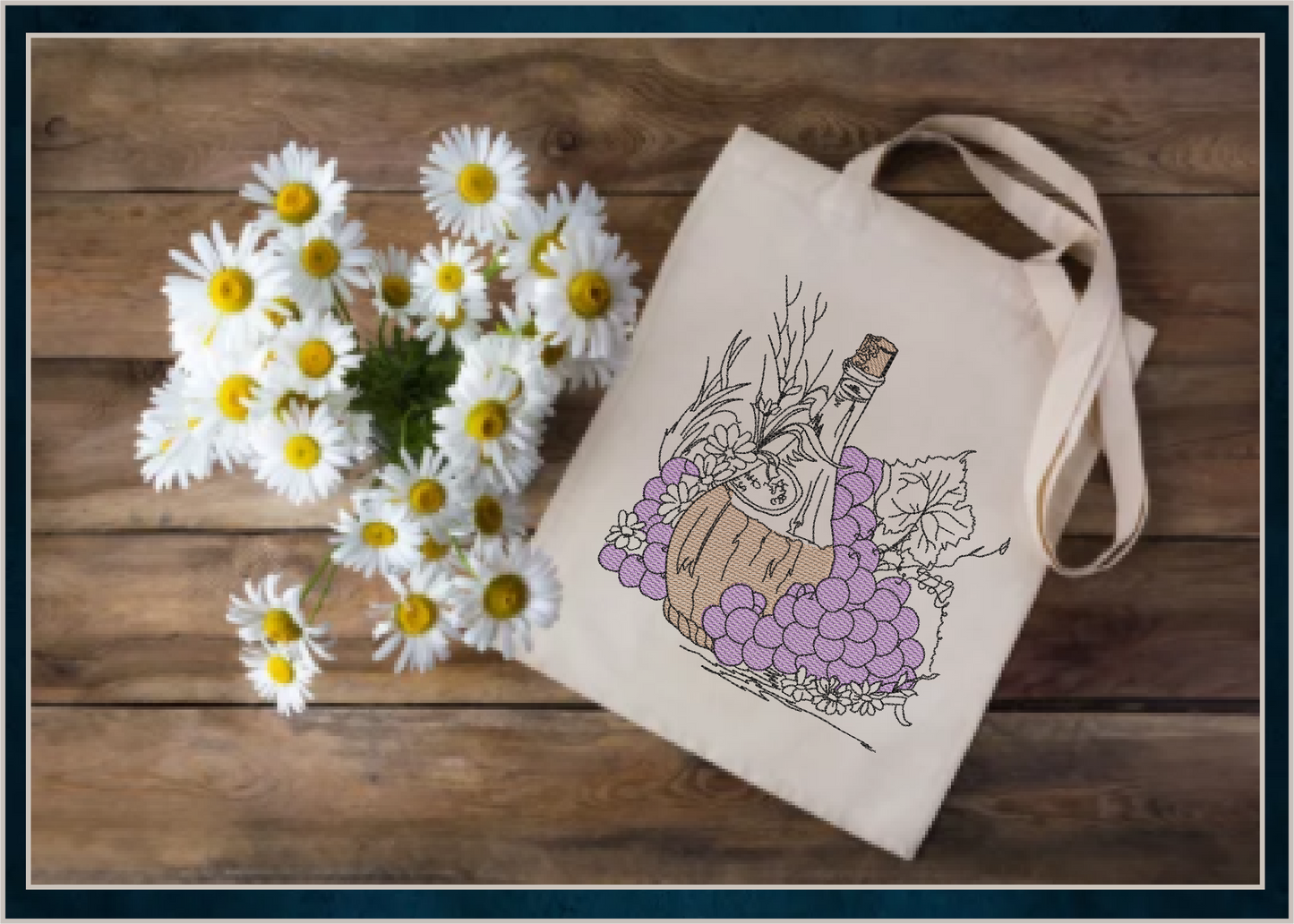 Classic Wine Bottle Machine Embroidery Design – Vineyard Grapes & Bottle Embroidery Pattern, 6 Sizes (0571)