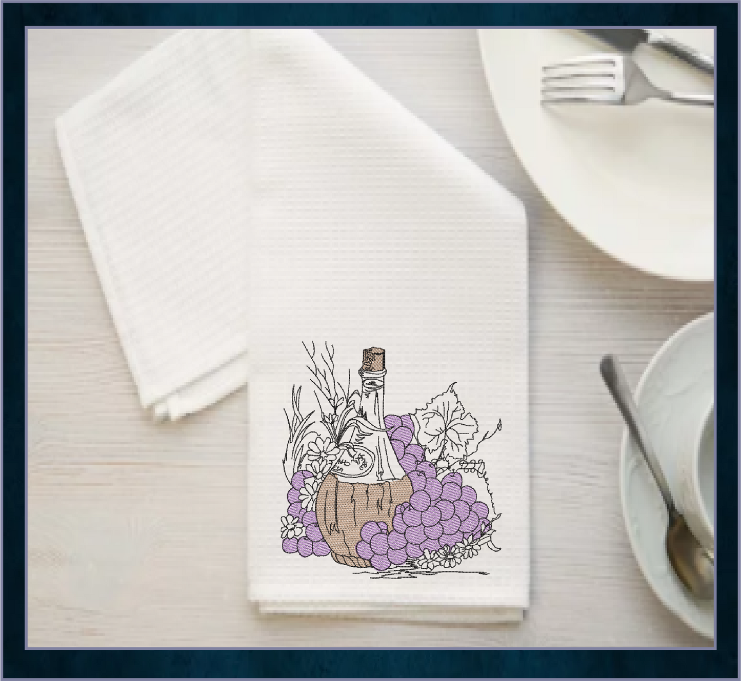 Classic Wine Bottle Machine Embroidery Design – Vineyard Grapes & Bottle Embroidery Pattern, 6 Sizes (0571)