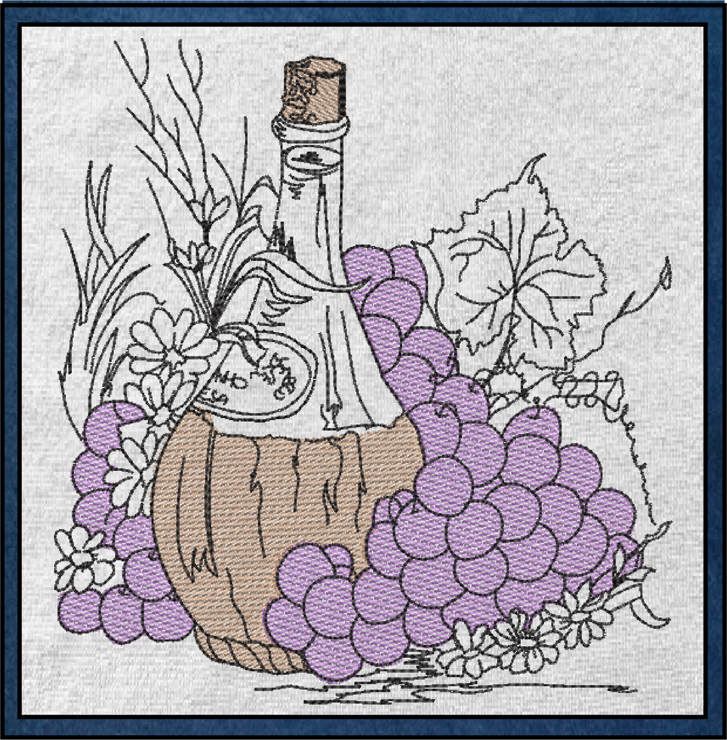 Classic Wine Bottle Machine Embroidery Design – Vineyard Grapes & Bottle Embroidery Pattern, 6 Sizes (0571)