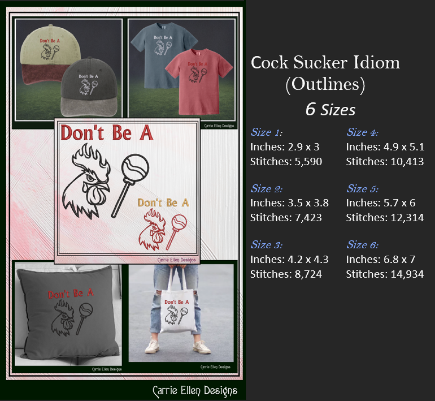 Don’t Be A Cock Sucker – Snarky Machine Embroidery Design | Rooster & Lollipop Idiom Outline Pattern, 6 Sizes (3231)