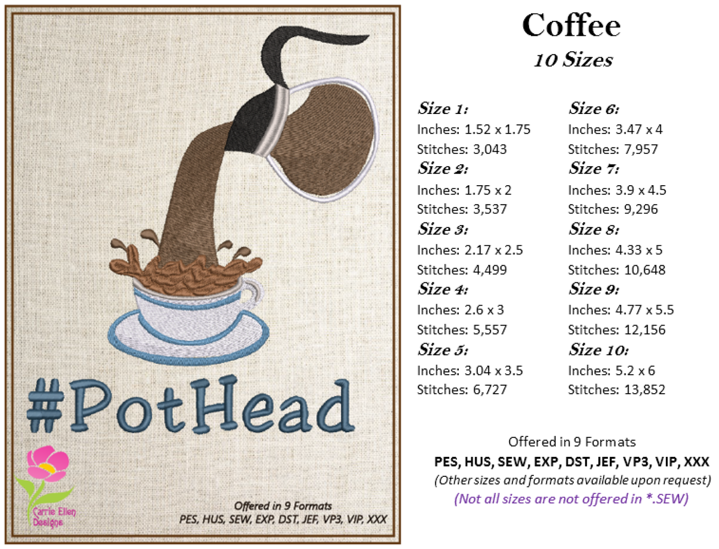 Coffee Embroidery Design – Coffee Pot and Cup Pattern – Coffee Lover Machine Embroidery – 10 Sizes (0169)