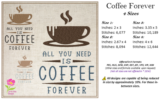 Coffee Embroidery Design – Coffee Forever Quote, Coffee Lover Machine Embroidery, Coffee Cup Design, Hot Coffee, 4 Sizes (0445)