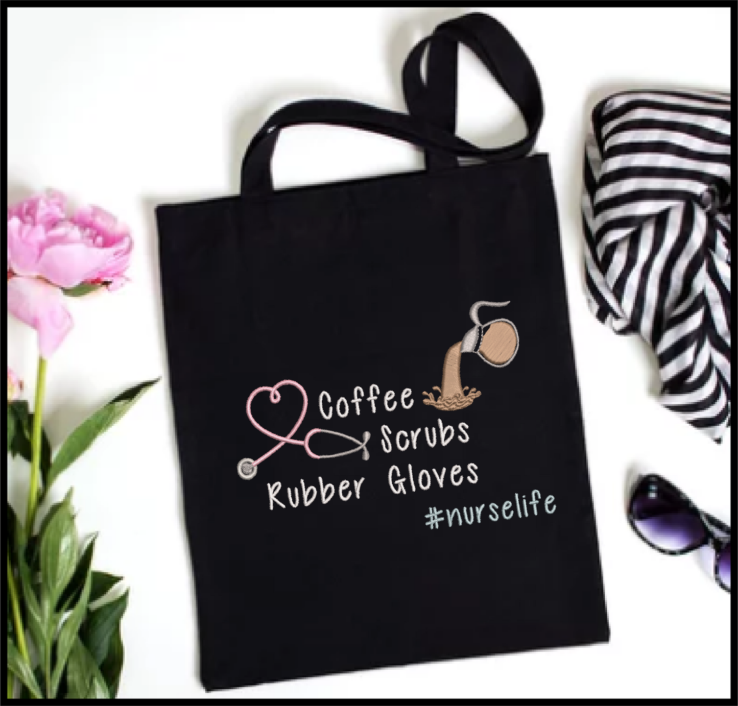 Coffee Scrubs and Rubber Gloves Machine Embroidery Design | NurseLife Embroidery | Nursing Sayings & Quotes | 6 Sizes (0752)