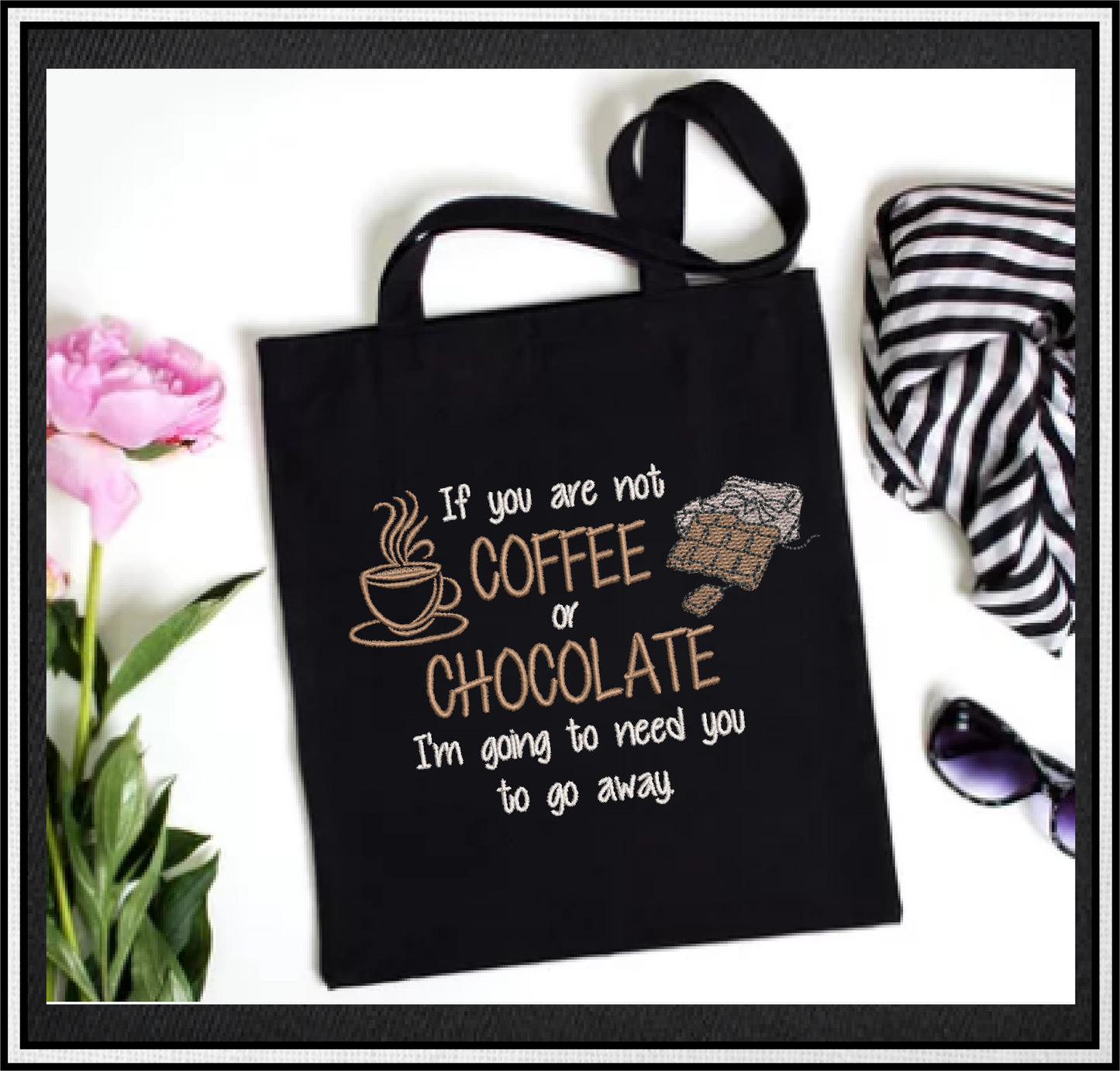 Coffee or Chocolate? Funny Machine Embroidery Design Saying – Snarky Quote for Décor & Gifts, 4 Sizes (0460)