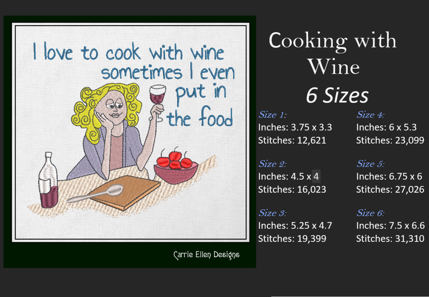 Cooking With Wine Machine Embroidery Design – Funny Kitchen Cartoon Saying – Apron and Chef Gift – 6 Sizes (1496)