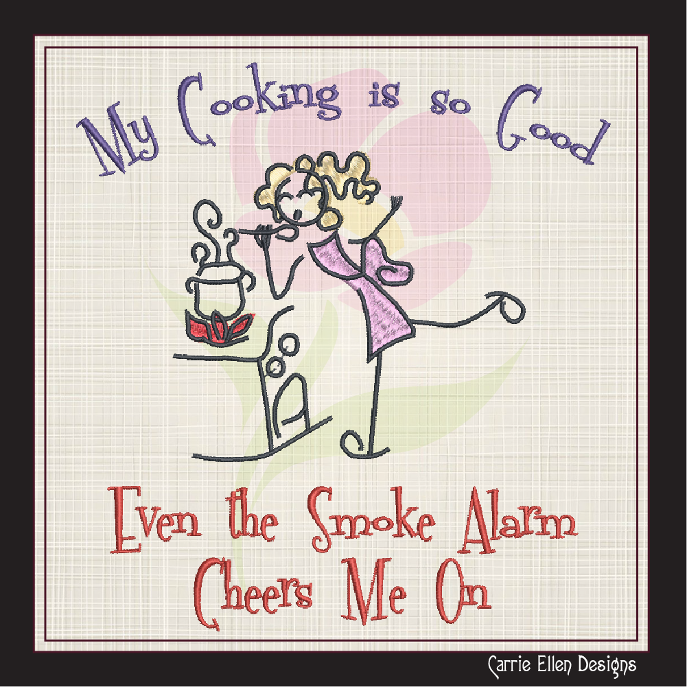 Cooking So Good Smoke Alarm Cheers Embroidery Design – Funny Cooking Cartoon Saying for Kitchen Aprons, 8 Sizes (1076)
