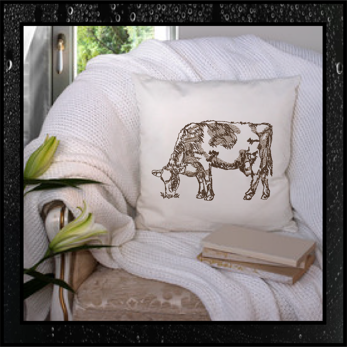 Grazing Cow Machine Embroidery Sketch Design, Farm Animal Line Art Designs, Embroidered Illustration Animal, 4 Sizes (0436)