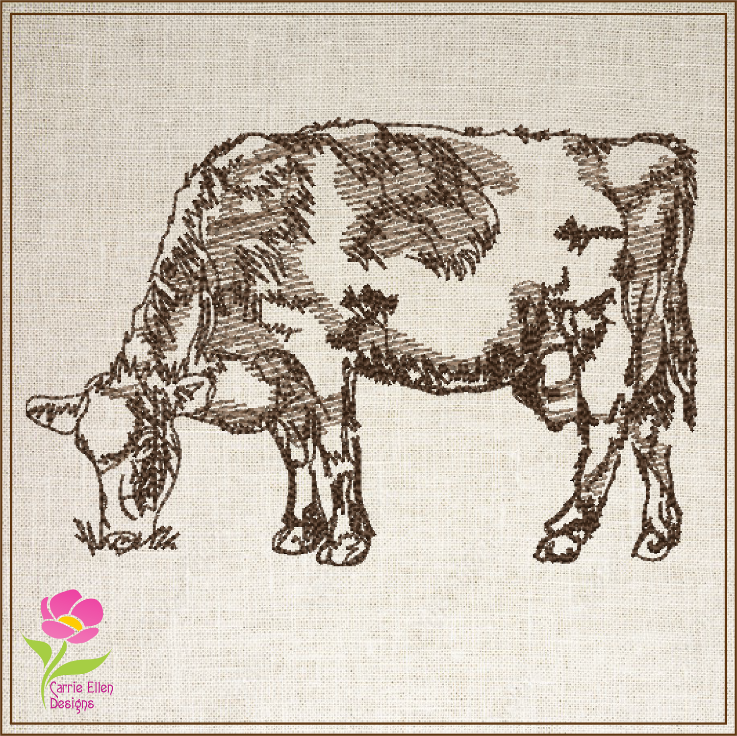 Grazing Cow Machine Embroidery Sketch Design, Farm Animal Line Art Designs, Embroidered Illustration Animal, 4 Sizes (0436)