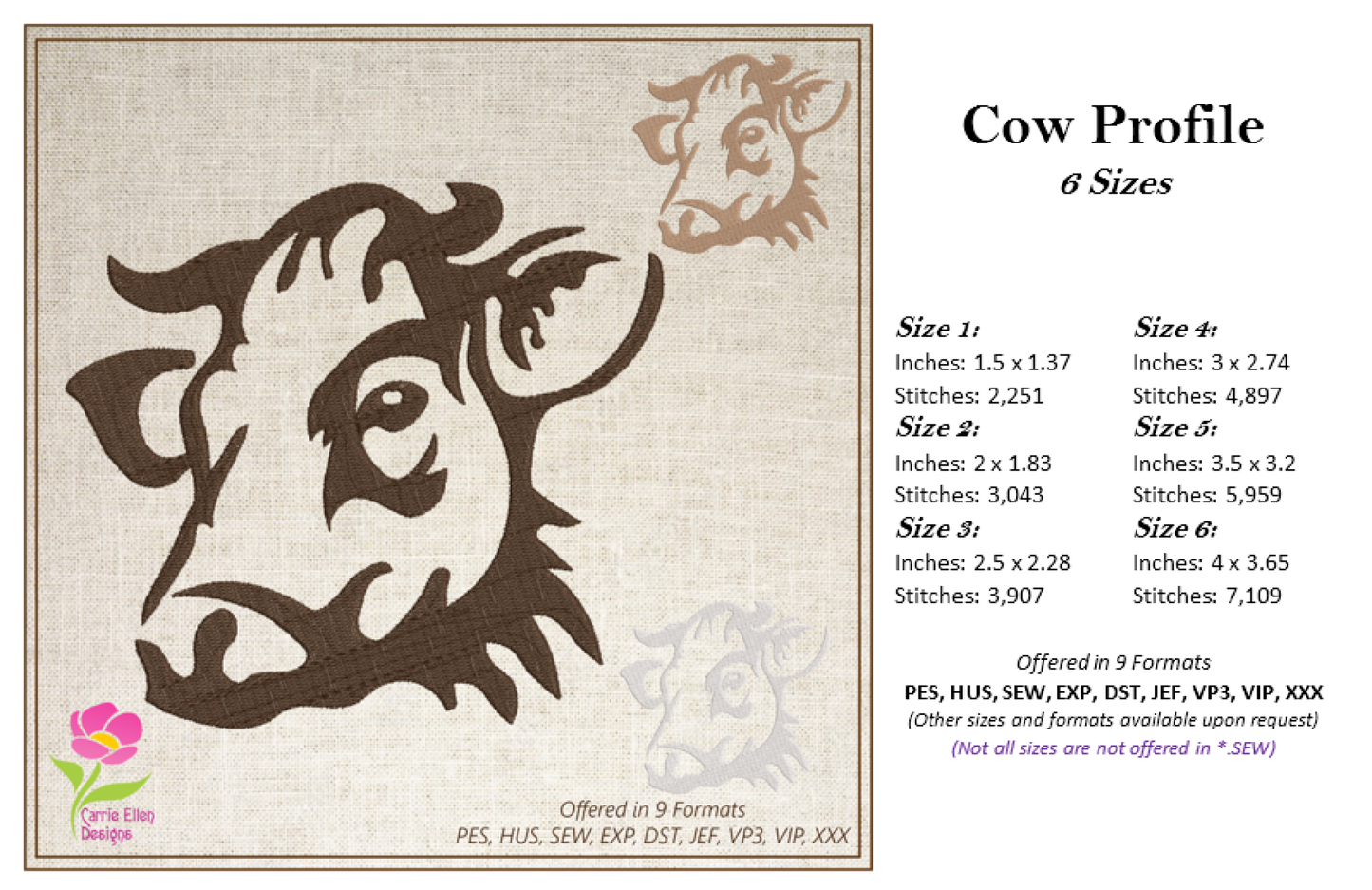 Cow Machine Embroidery Design – Cow Head Silhouette Pattern, Farm Animal Embroidery, Country Farm Décor, 6 Sizes (0455)