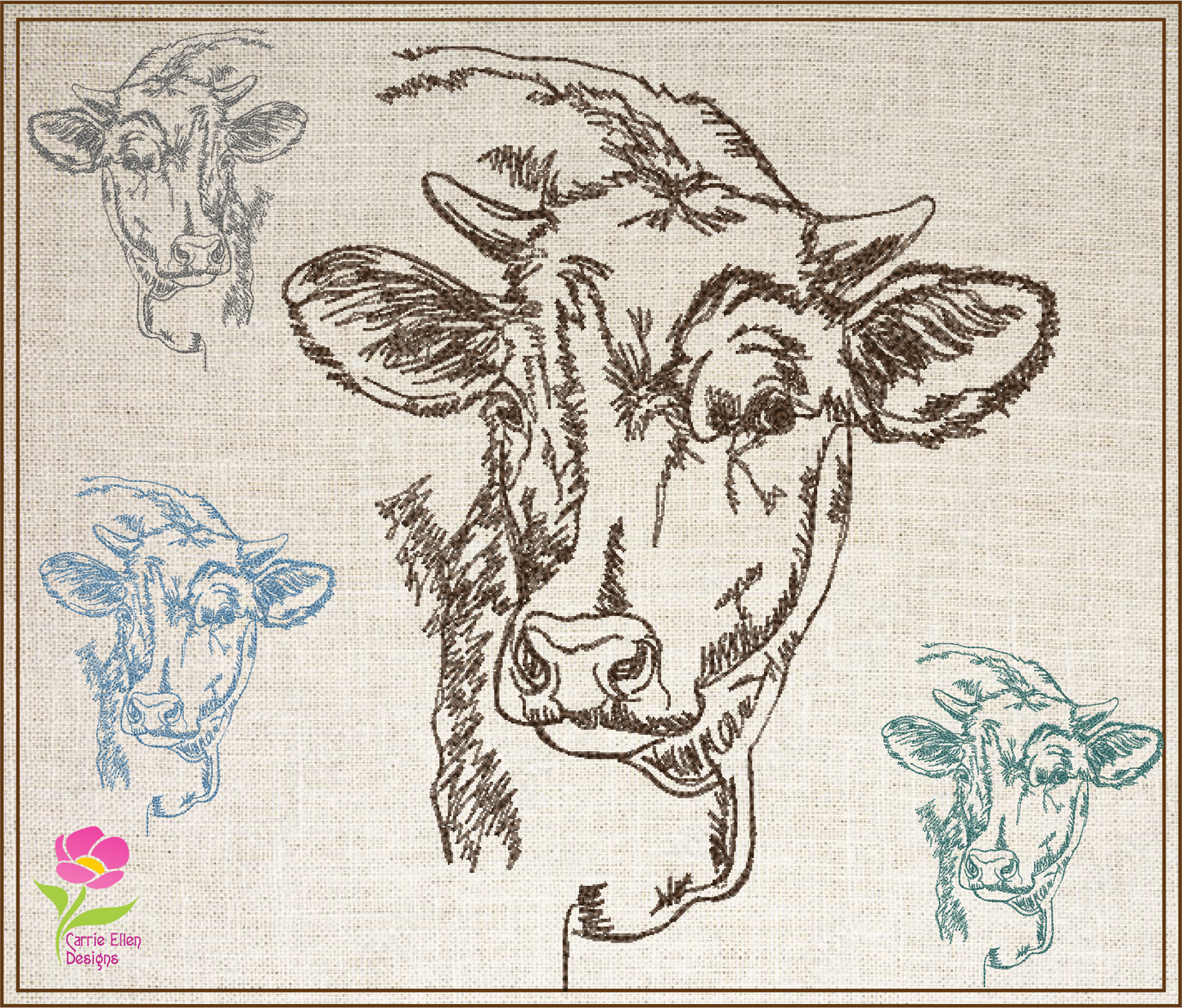 Cow Profile Embroidery Sketch Design – Farm Animal Line Art – Machine Embroidery File, 6 Sizes (0667)