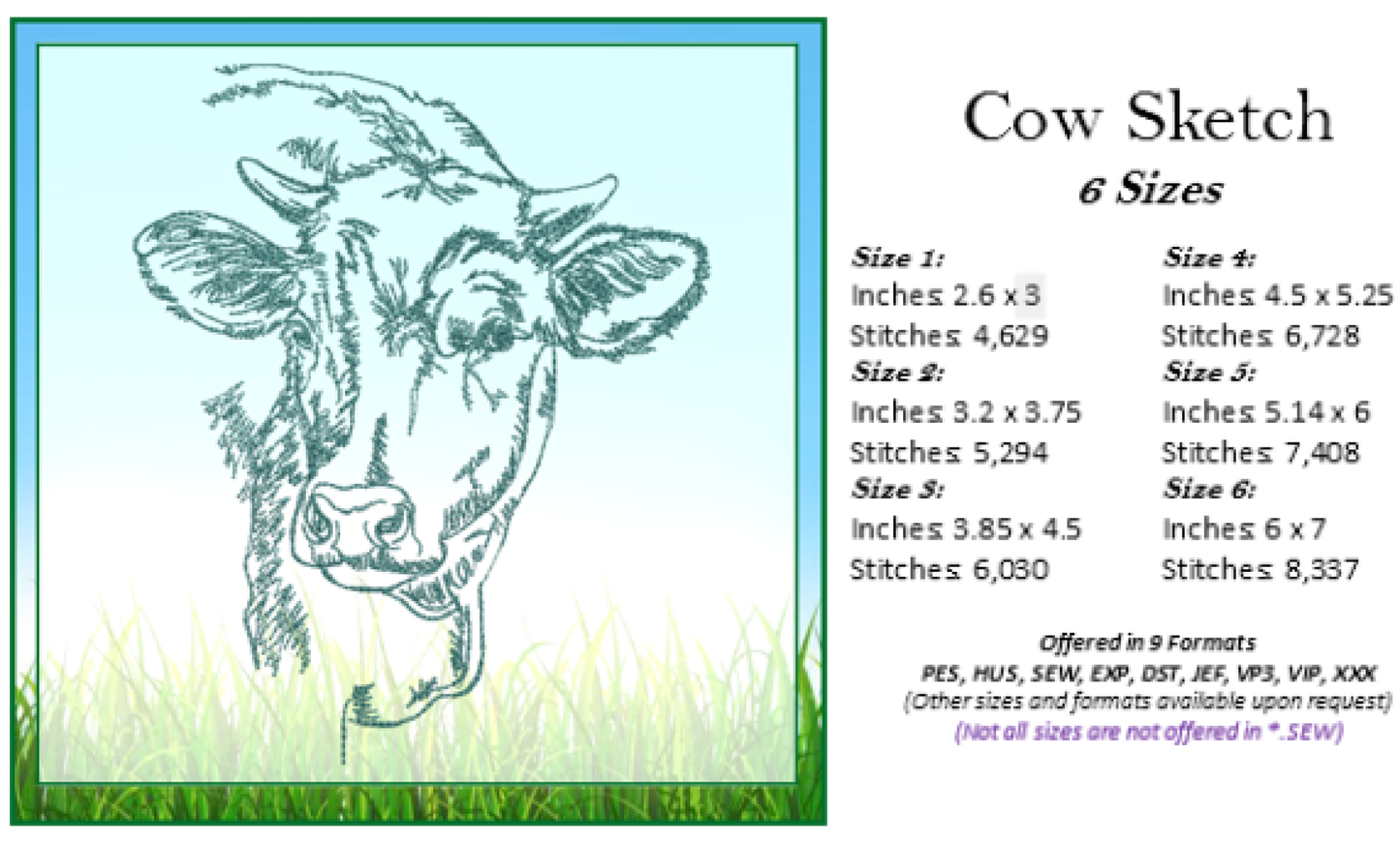 Cow Profile Embroidery Sketch Design – Farm Animal Line Art – Machine Embroidery File, 6 Sizes (0667)
