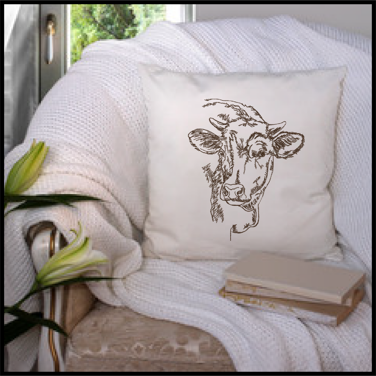Cow Profile Embroidery Sketch Design – Farm Animal Line Art – Machine Embroidery File, 6 Sizes (0667)