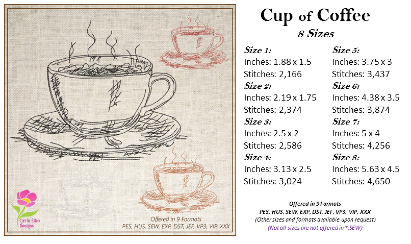 Coffee Cup Sketch Machine Embroidery Design | Espresso Café Line Art | Coffee Lover Gift | 8 Sizes (0633)