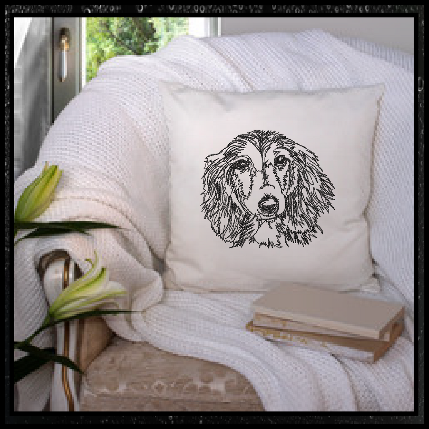 Dachshund Sketch Machine Embroidery Design – Long-Haired Dog Lover Line Art Pattern, 4 Sizes (0496)