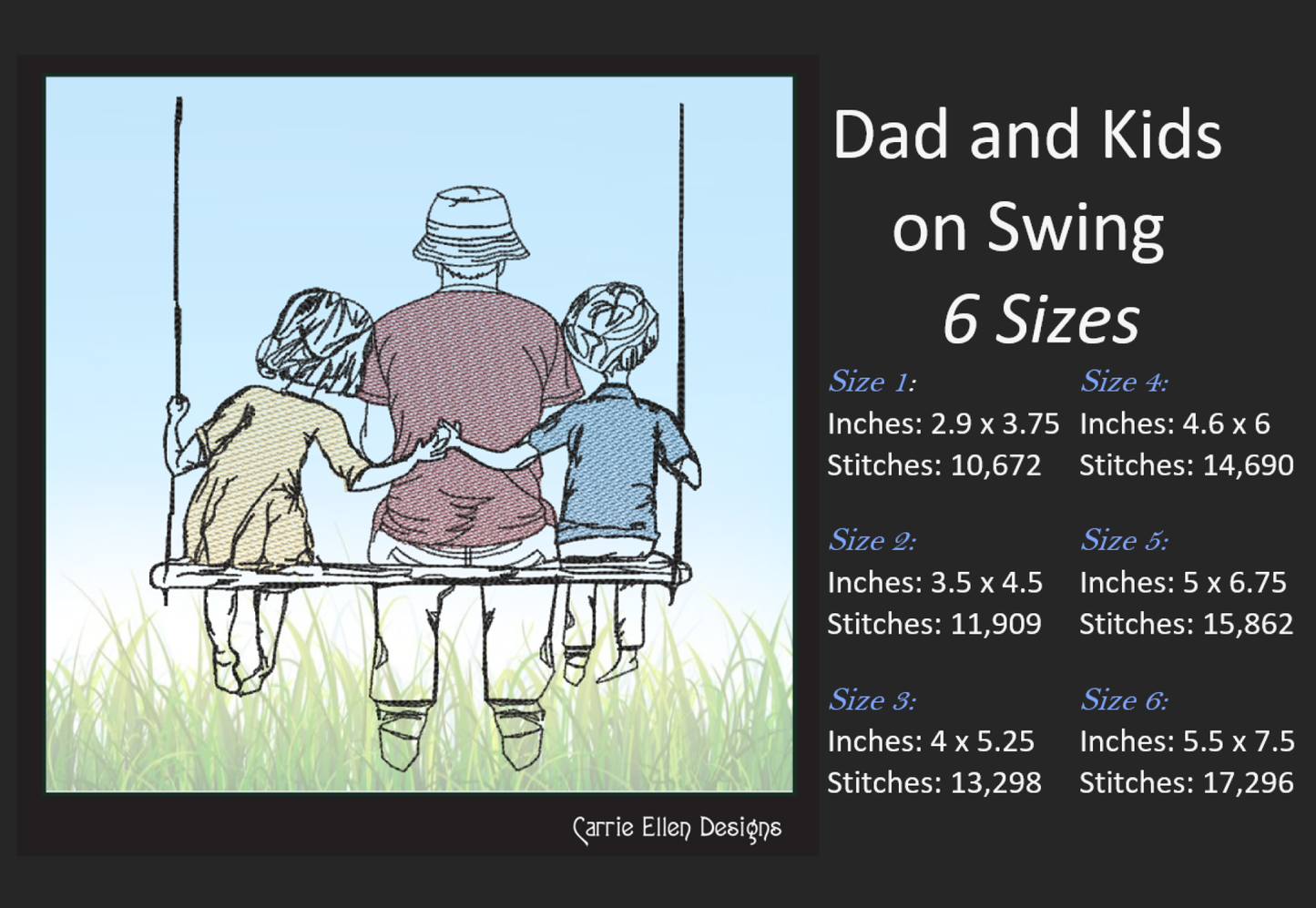 Dad and Kids Machine Embroidery Design – Father’s Day Swing Sketch – 8 Sizes (1372)