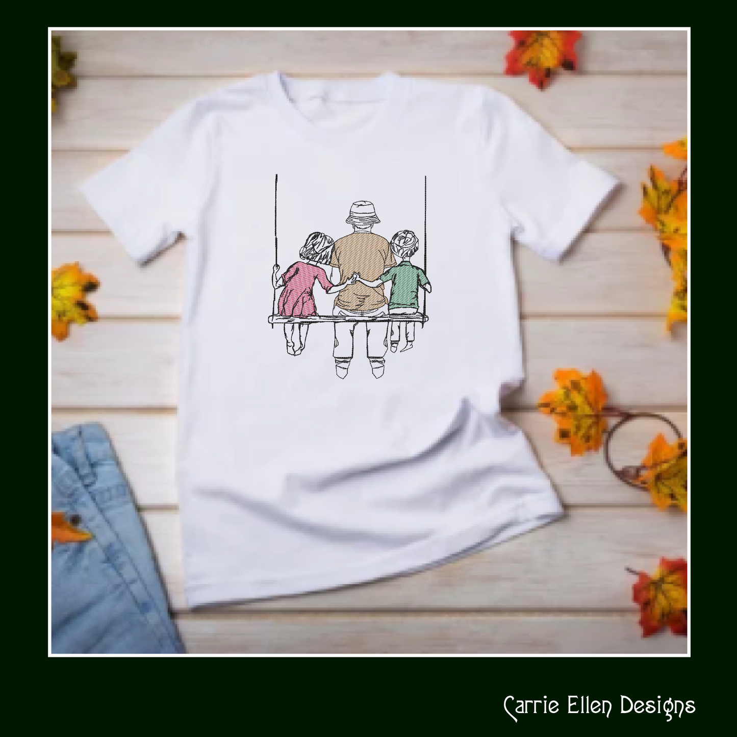 Dad and Kids Machine Embroidery Design – Father’s Day Swing Sketch – 8 Sizes (1372)