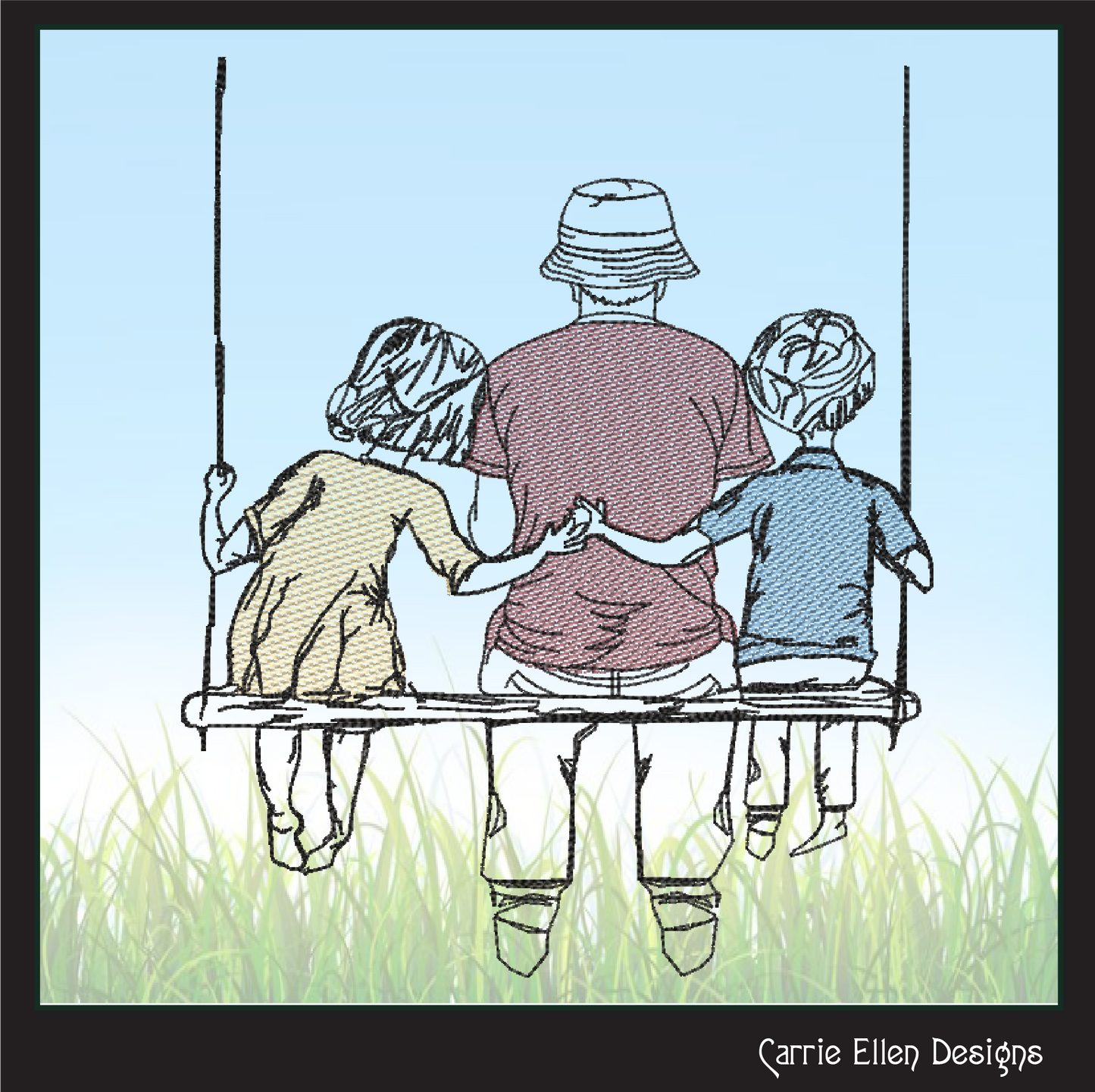 Dad and Kids Machine Embroidery Design – Father’s Day Swing Sketch – 8 Sizes (1372)