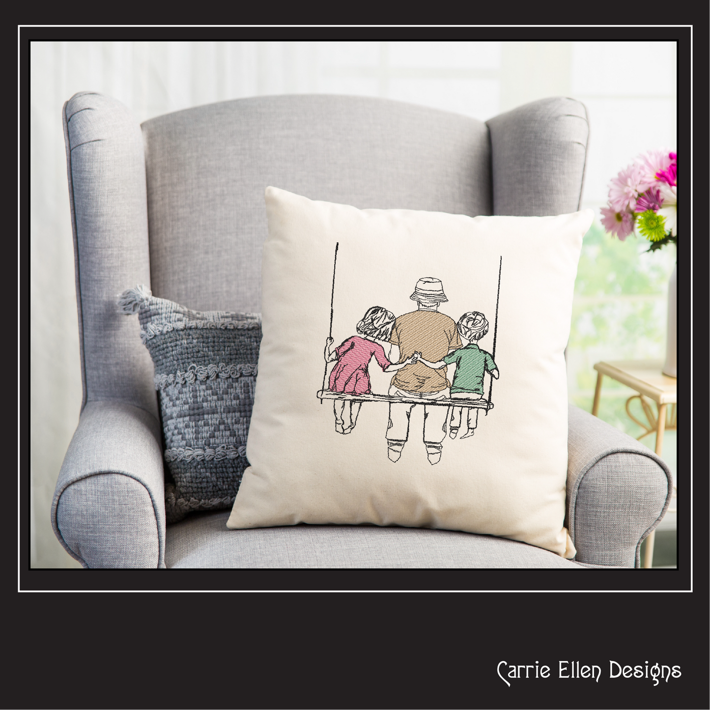 Dad and Kids Machine Embroidery Design – Father’s Day Swing Sketch – 8 Sizes (1372)
