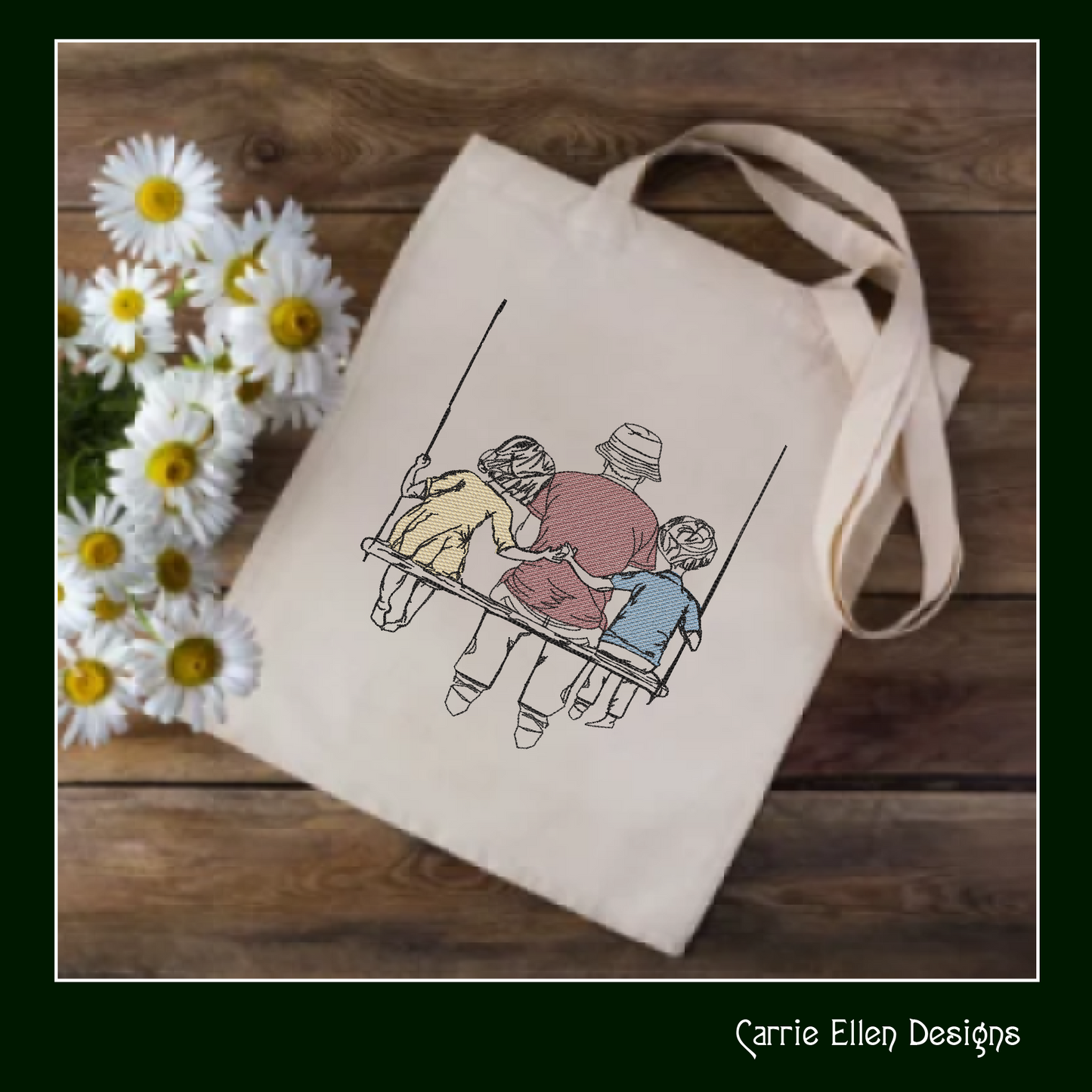 Dad and Kids Machine Embroidery Design – Father’s Day Swing Sketch – 8 Sizes (1372)