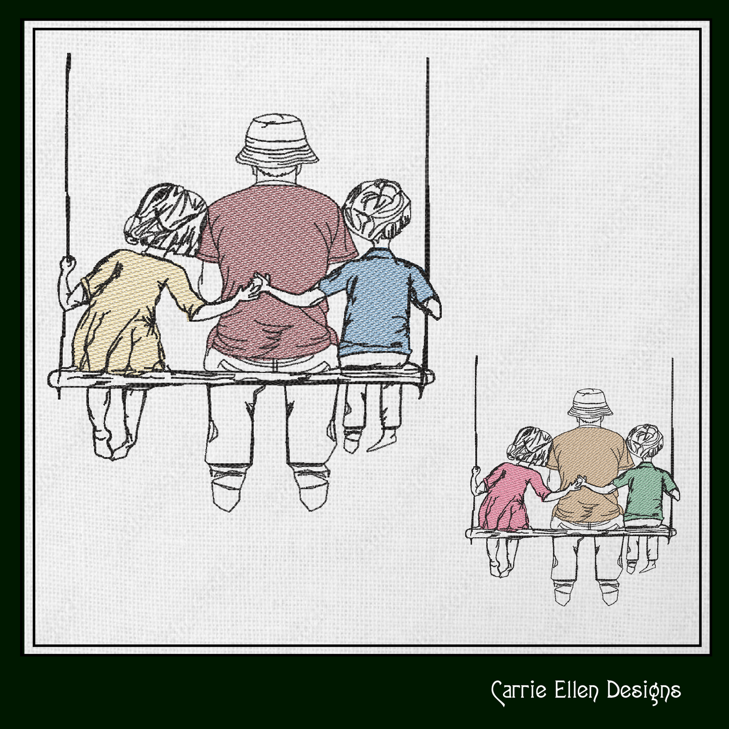 Dad and Kids Machine Embroidery Design – Father’s Day Swing Sketch – 8 Sizes (1372)