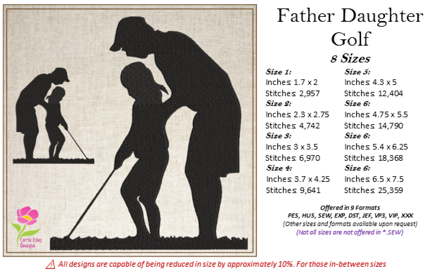 Father Daughter Golf Silhouette Machine Embroidery Design | Golf Lesson Embroidery Pattern | Father's Day Gift Idea | 8 Sizes (0780)