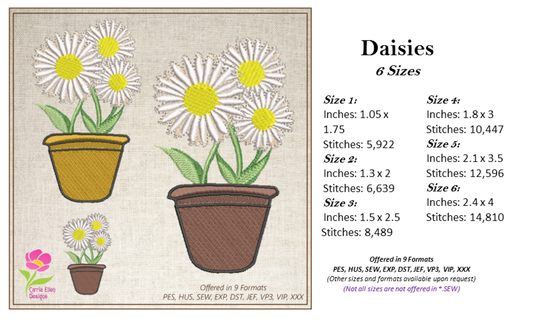 Daisy Machine Embroidery Design – Potted Plant Flower Embroidery – 6 Sizes (0246)