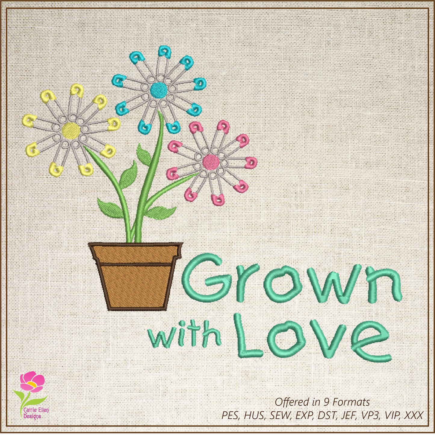 Diaper Pin Daisy Machine Embroidery Design – Grown with Love Baby Embroidery – Newborn & Nursery Design – 8 Sizes (0235)