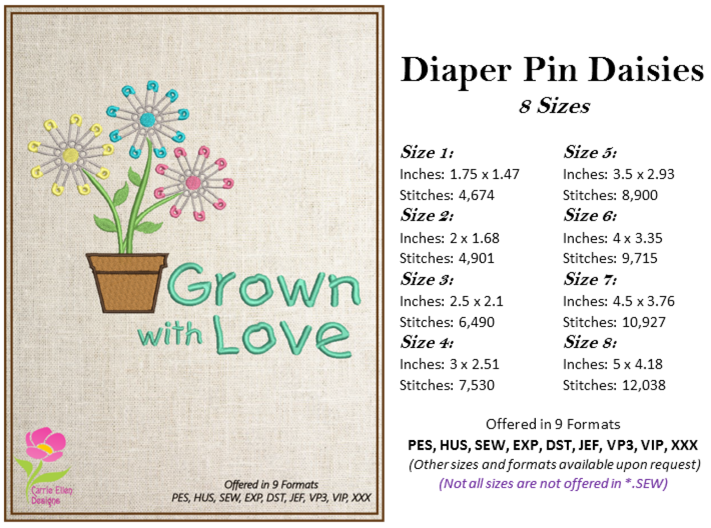 Diaper Pin Daisy Machine Embroidery Design – Grown with Love Baby Embroidery – Newborn & Nursery Design – 8 Sizes (0235)