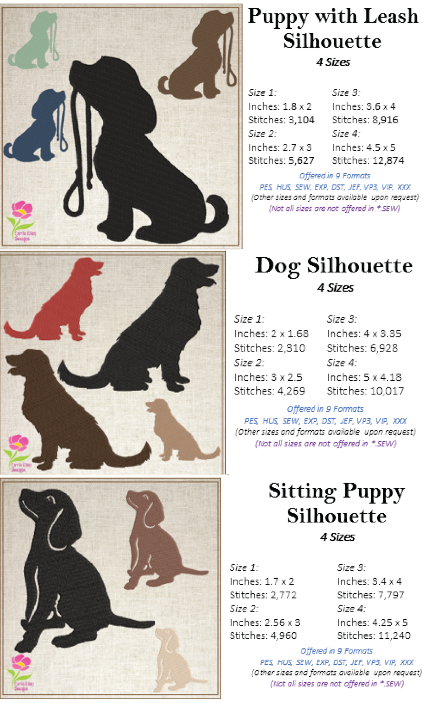 Dog Silhouette Bundle Machine Embroidery Design | Puppy & Dog Pattern Collection | Pet Embroidery Designs | 9 Designs, 4 Sizes Each (0583)