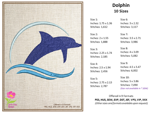 Dolphin Machine Embroidery Design, Bottlenose Dolphin Pattern, Jumping Dolphin with Sunset Design, 6 Sizes (0299)