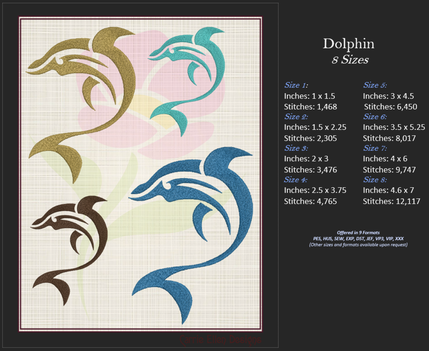 Dolphin Machine Embroidery Design | Bottlenose Dolphin Jumping Embroidery Pattern | 8 Sizes (0847)