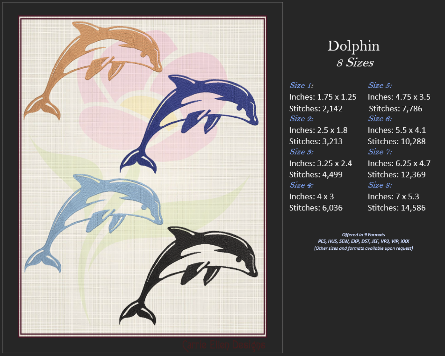 Dolphin Machine Embroidery Design | Bottlenose Dolphin Jumping Embroidery Pattern | 8 Sizes (0848)
